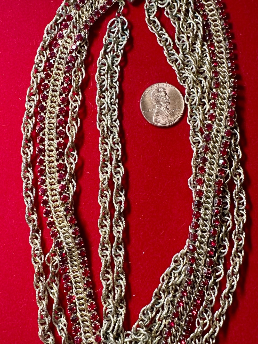 Vintage Gold-Tone Layered Chocker Necklace with Bright Red Stones - Picture 2 of 5